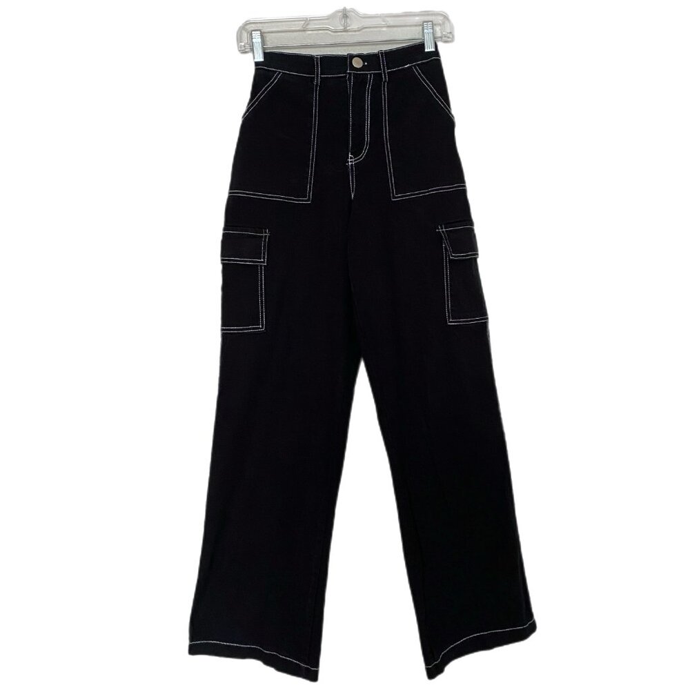 Rachel Paige Womens Black Cargo Wide Leg Y2K Elastic Waist Denim Jeans Sm